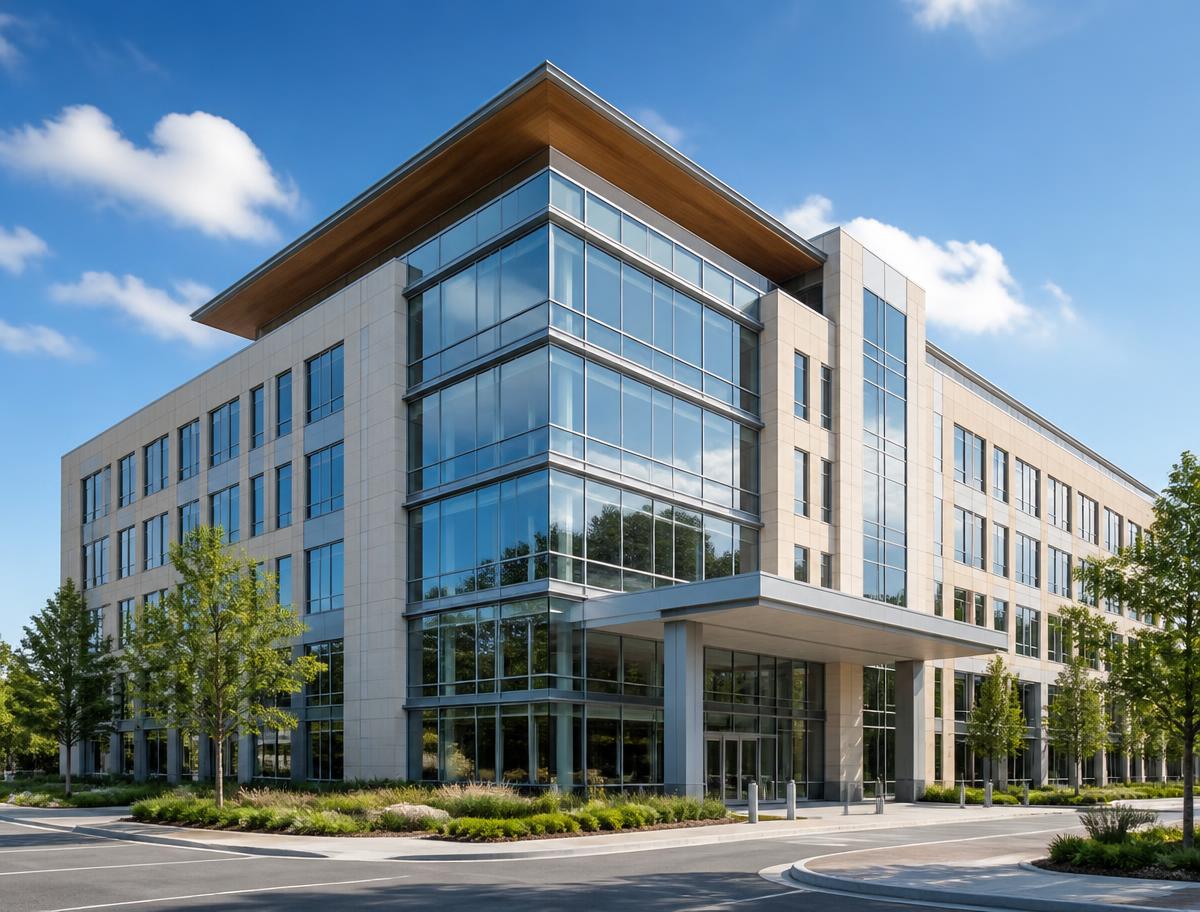 Modern glass and stone office building on a landscaped corner lot
