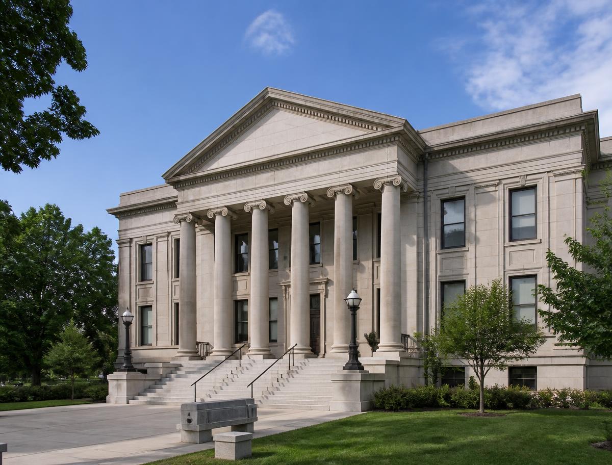 Neoclassical municipal civic building with stone columns and steps
