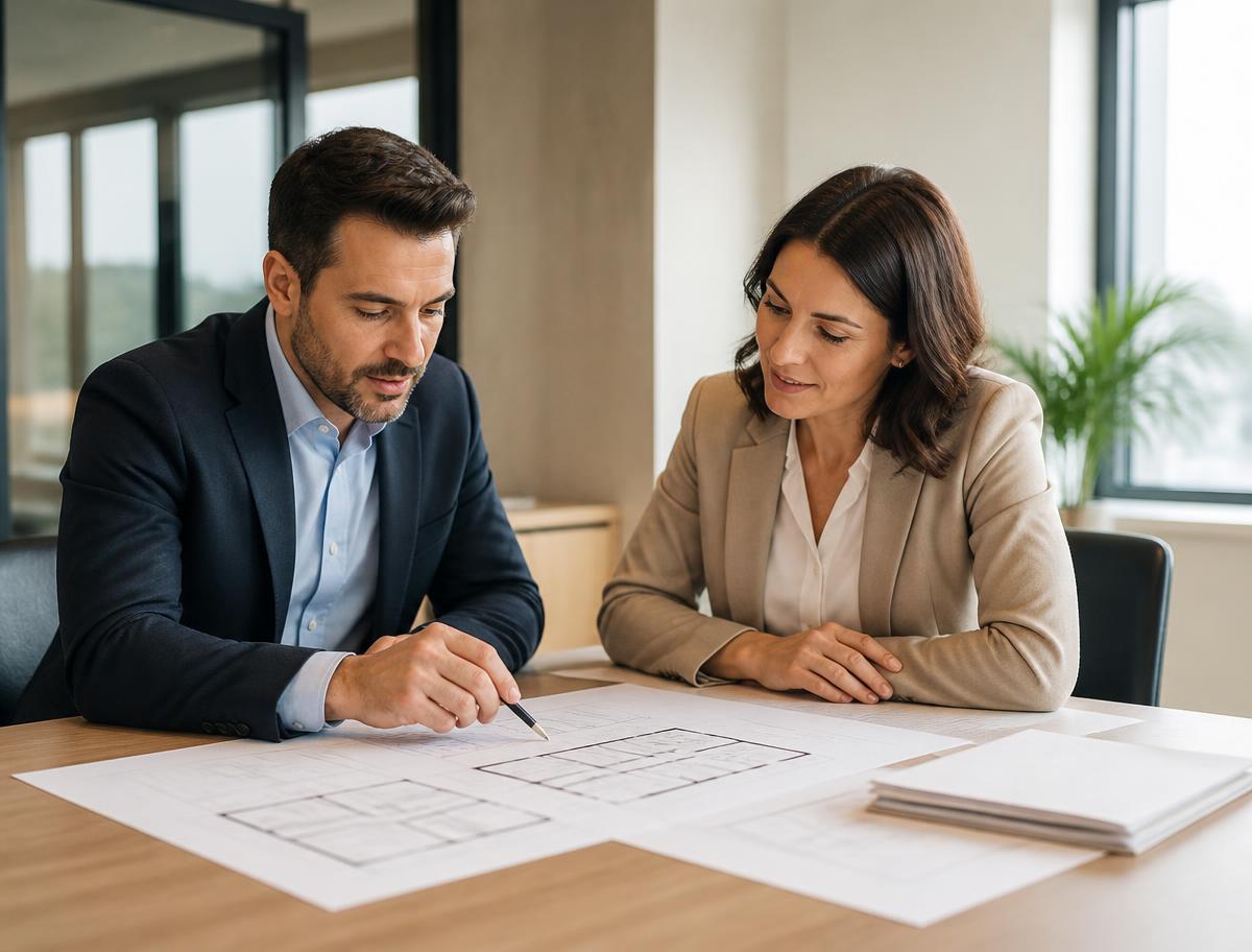 Two real estate professionals reviewing property plans at a conference table