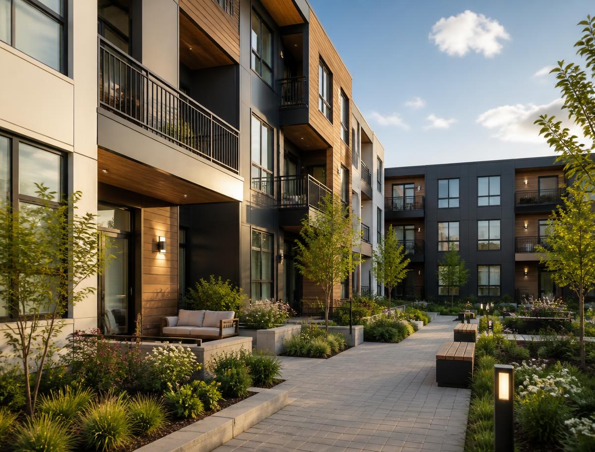 Contemporary multifamily apartment building with balconies and a landscaped courtyard