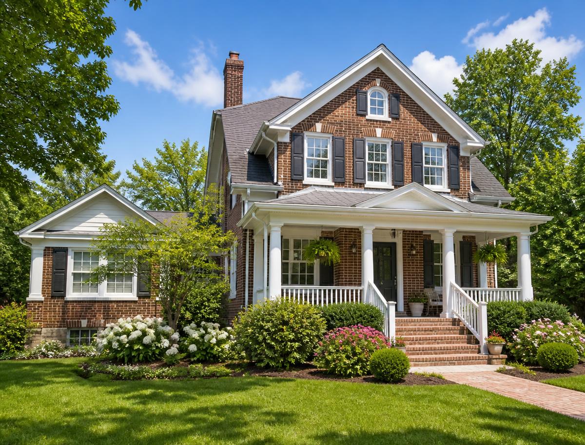 Traditional American brick home with a covered front porch and landscaped yard