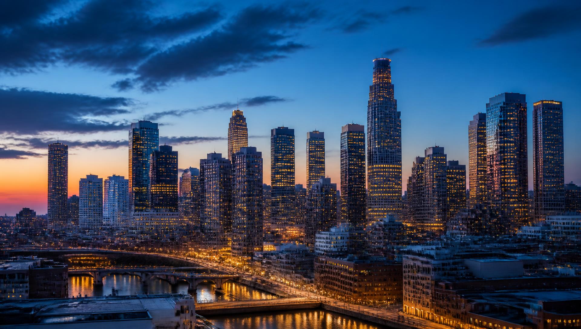 United States city skyline at dusk